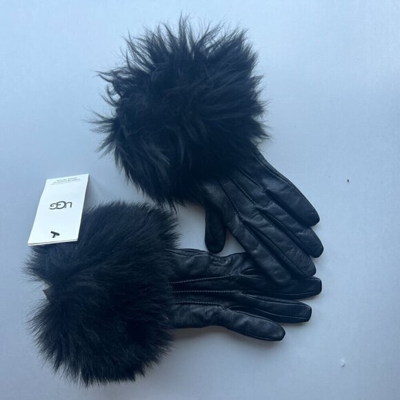 UGG Black Leather Real Fur Cuff Tech Gloves XS Small Petite NEW - Picture 2 of 6